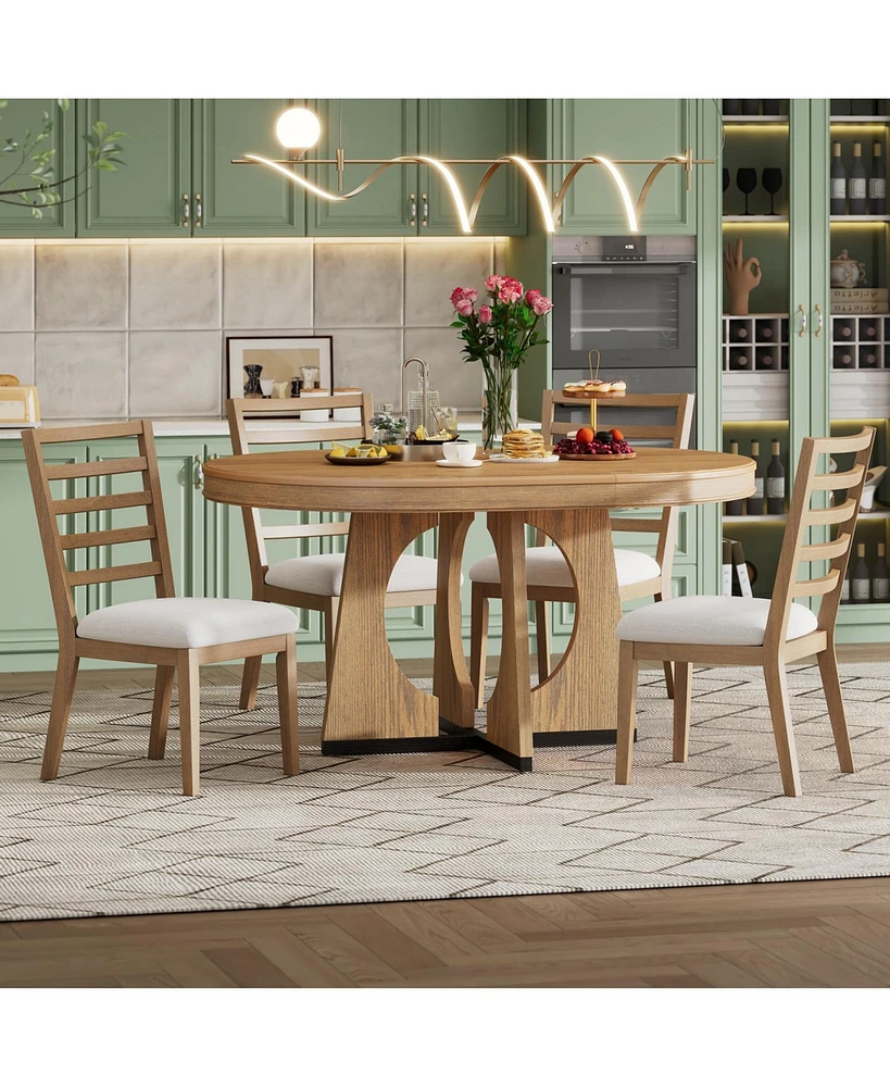 5-Piece Retro Rustic Functional Dining Set Unique Geometric Design, 1 Extendable Table with a 16-inch Leaf and 4 Upholstered Chairs Ideal for Dining R