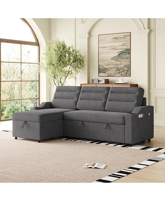 83" Convertible Sofa Bed with Storage, Recliner, and Cup Holder
