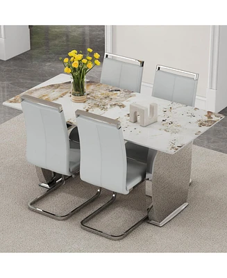 Pandora Patterned 63'' Dining Table Set with 4 Light Gray Pu Chairs