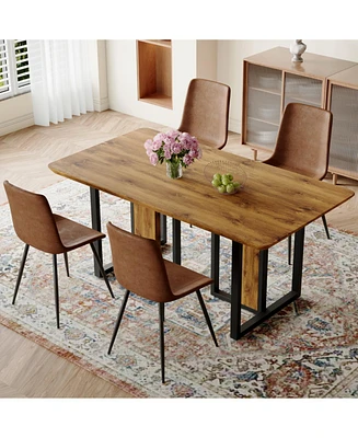 Wood-Textured Mdf Dining Set with 4 Brown Suede Chairs