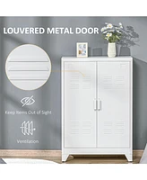 Industrial Storage Cabinet, Steel Garage Cabinet with Double Doors and Adjustable Shelves, White