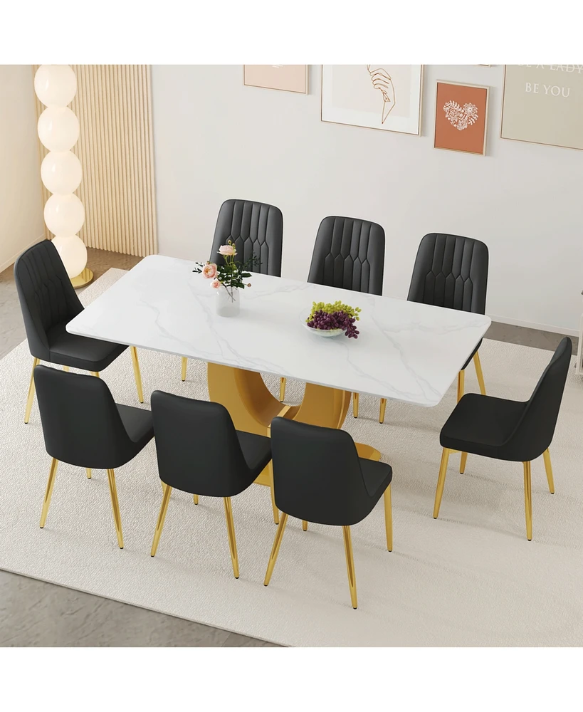 Modern Glass Dining Table (71"x35.4") with Gold Legs and 8 Black Pu Chairs