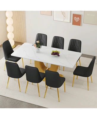 Modern Glass Dining Table (71"x35.4") with Gold Legs and 8 Black Pu Chairs