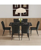 Modern Marble Dining Set: Table (55"x31.4") + 6 Black Pu Chairs
