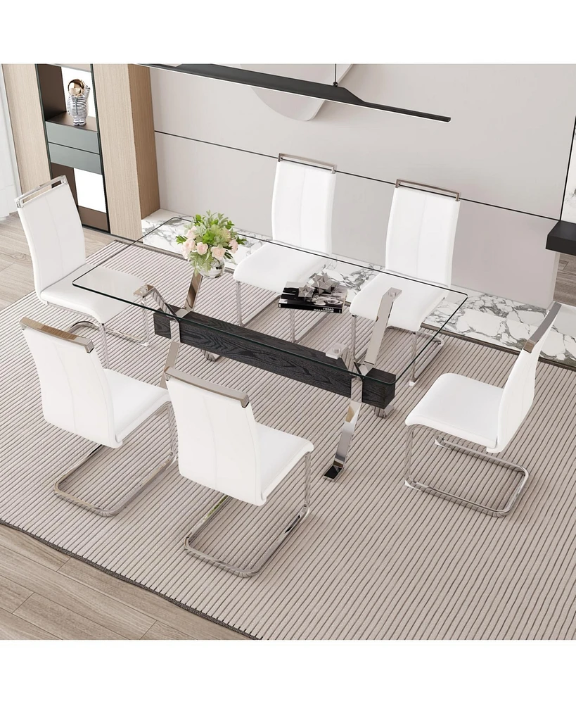 Elegant Glass Dining Set with 6 White Pu Chairs