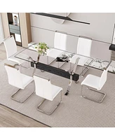 Elegant Glass Dining Set with 6 White Pu Chairs