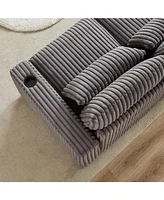 126" Corduroy L-Shaped Sofa w/ Cup Holder, Usb, Pillows & Ottoman