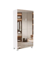 4-Drawer Shoe Cabinet with Mirror and 4-Door Closet (White)