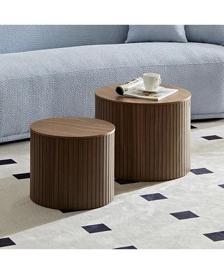 Mdf nested table set 2 pieces, handcrafted round coffee table in living/lounge area, walnut color
