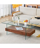 43.3" Modern 2-Tier Coffee Table: Glass & Wood Grain, Storage & Multi-Use