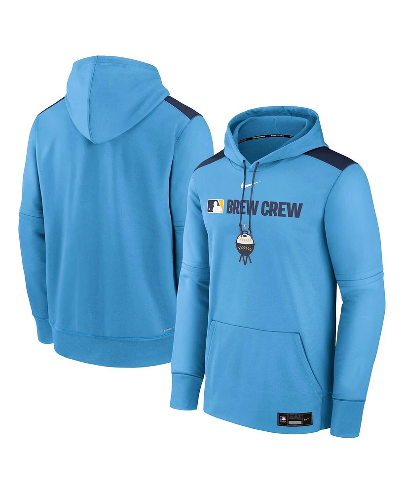 Nike Men's Light Blue Milwaukee Brewers Authentic Collection City Connect Therma Pullover Hoodie