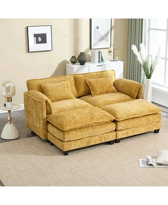 Chenille Sofa with Footstools and Armrests