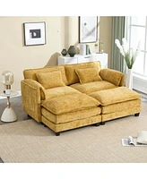 Chenille Sofa with Footstools and Armrests