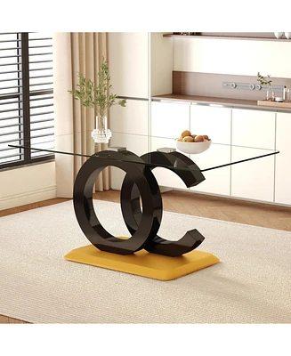 Modern Glass Dining Table - Black/Gold Base, Seats 6-8