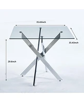 Modern Glass Dining Table with Cross Metal Legs (90x90x75cm)