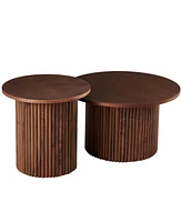 Walnut Veneer Coffee Tables (Set of 2), Farmhouse Mdf Tabletops with Metal Base