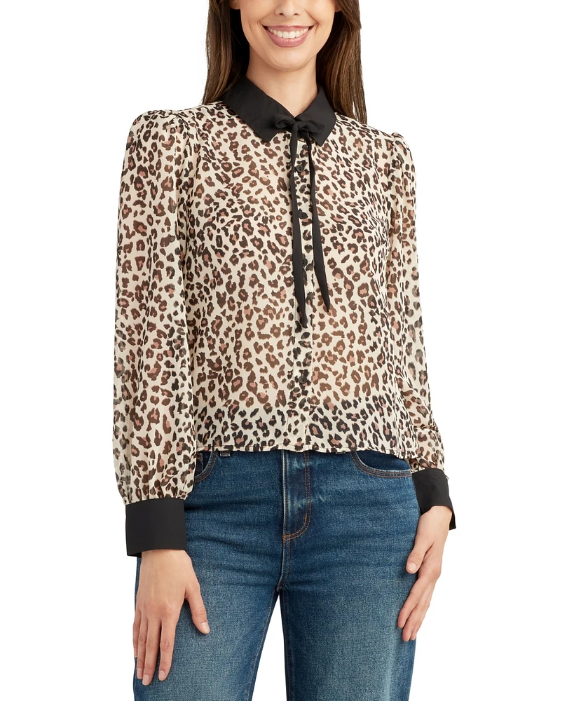 Bcx Juniors' Animal-Print Tie-Front Long-Sleeve Button Blouse