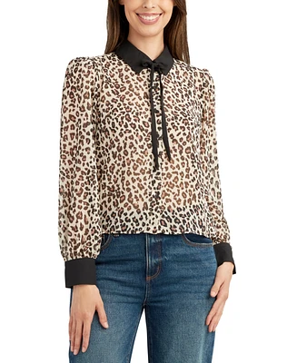Bcx Juniors' Animal-Print Tie-Front Long-Sleeve Button Blouse