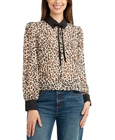 Bcx Juniors' Animal-Print Tie-Front Long-Sleeve Button Blouse