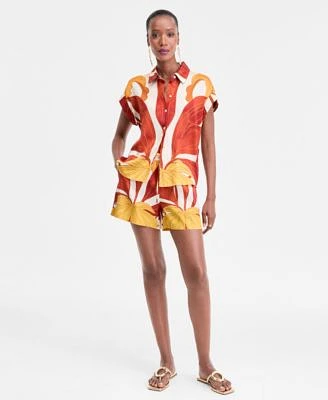 I.N.C. International Concepts Womens Printed Button Down Camp Shirt Matching Drawstring Shorts Exclusively At Macys