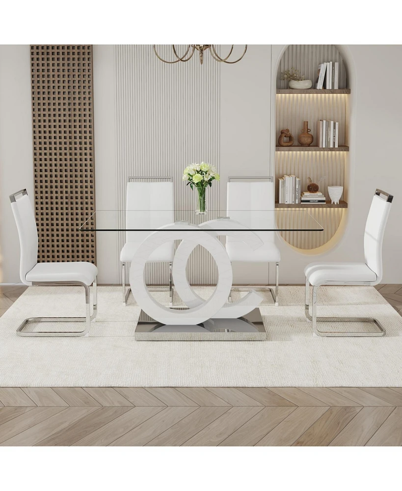 63" Glass Table with 4 Pu Chairs, White Mdf Bracket & Silver Legs