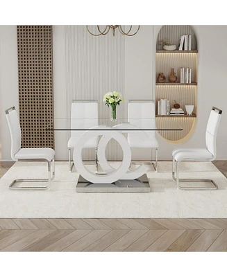 63" Glass Table with 4 Pu Chairs, White Mdf Bracket & Silver Legs