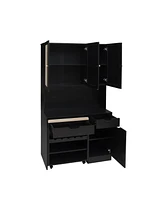 Black Kitchen Pantry Cabinet w/ Rattan Doors & Microwave Stand