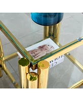 20" Square End Table with Glass & Stainless Steel, Gold Storage