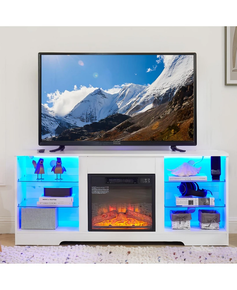 Tv Stand Electric Fireplace Glass Shelves