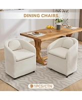 Set of 1 Chenille Fabric Dining Armchair With Back Cushion and Universal Wheels,Beige