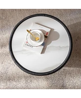 Modern Side Table, Round Drum Coffee Table with Sintered Stone, Pu Leather and metal Base, Black, 19.7"