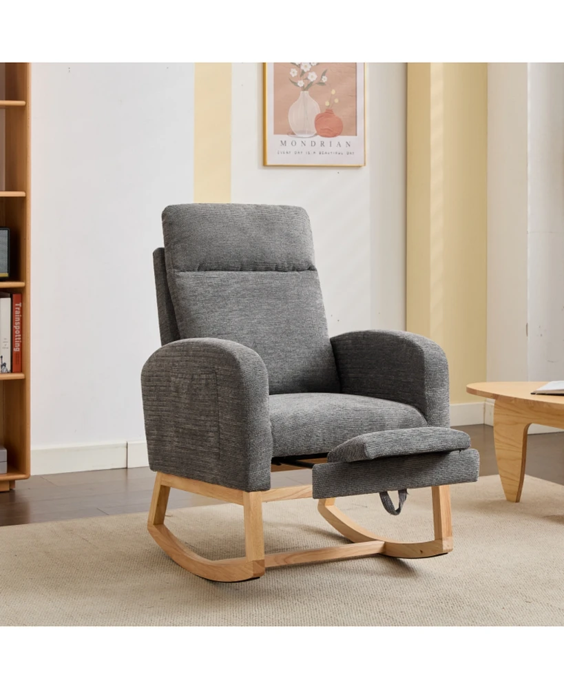 Modern Rocking Chair with Solid Wood Legs, Upholstered Nursery Glider, Comfortable Side Pocket Armchair