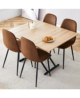 Modern Minimalist Table Set: Multifunctional Desk with 4 Brown Fabric Chairs