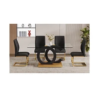 Tempered Glass Dining Set with 4 Pu Chairs - Black and Gold