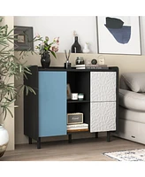 Sideboard Buffet Cabinet, Black Storage Cabinet with Red Doors, 2 Drawers with unique panel styling and 2 Open Storage Compartment
