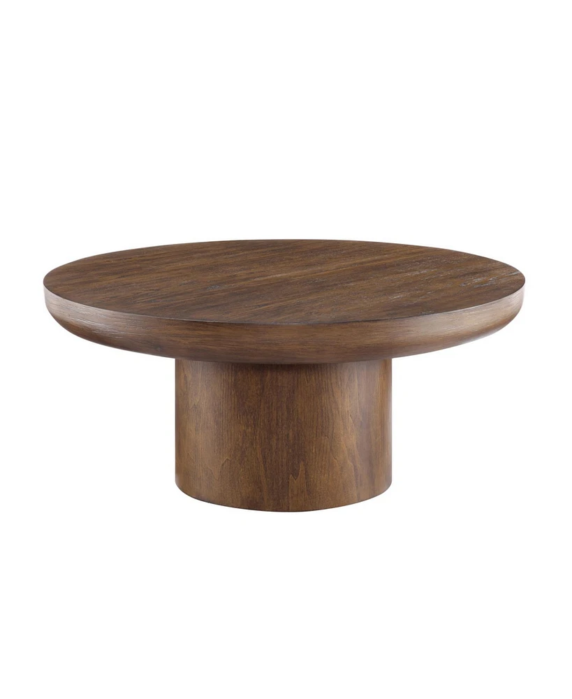 35.98inch Round Coffee Table with Cylindrical Leg,Wood Veneer Tabletop Table,Rounded Sofa Side Table for living Room Office,Brown