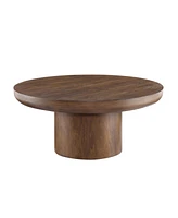 35.98inch Round Coffee Table with Cylindrical Leg,Wood Veneer Tabletop Table,Rounded Sofa Side Table for living Room Office,Brown