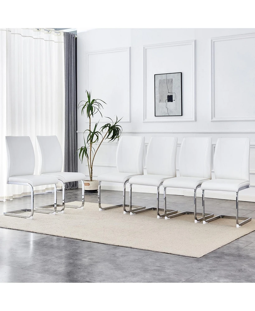 Luxury Simple Arch Chair - Set of 6 White Pu Material High Resilience Dining Chair with Arched Metal Silver Leg