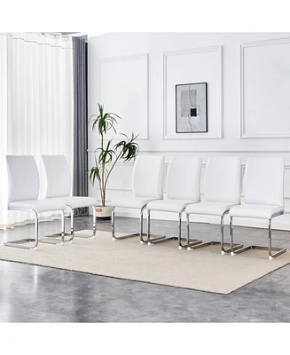 Luxury Simple Arch Chair - Set of 6 White Pu Material High Resilience Dining Chair with Arched Metal Silver Leg