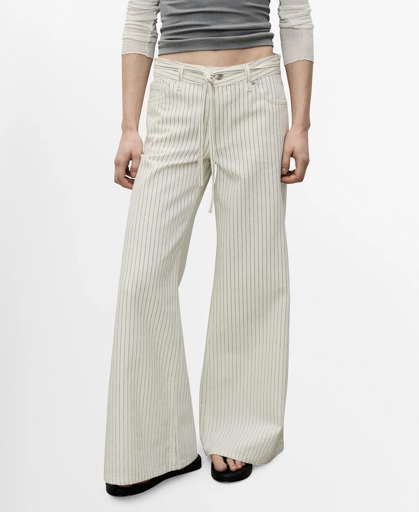 Mango Women's Stripes and Belt Wide Leg Jeans
