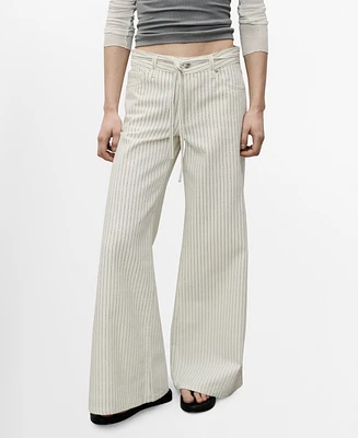 Mango Women's Stripes and Belt Wide Leg Jeans