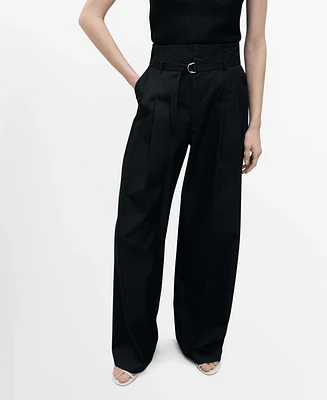 Mango Women's Belted Wide Leg Cotton Pants