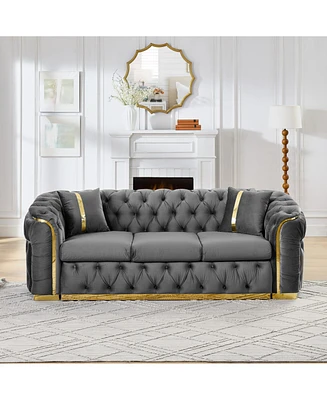 90" Velvet Button Tufted Chesterfield Sofa - Gray