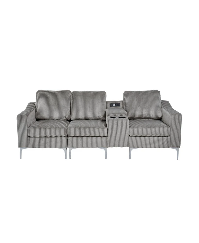 Convertible Sectional Corduroy Sofa with Cupholders, Usb,Three-seater,Gray