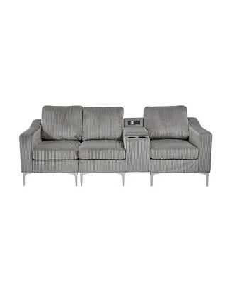 Convertible Sectional Corduroy Sofa with Cupholders, Usb,Three-seater,Gray