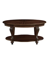 42'' oval wood coffee table for Living Room, 2-Tier Solid Wood Cocktail Table with Open Storage Shelf, Easy Assembly, Cherry