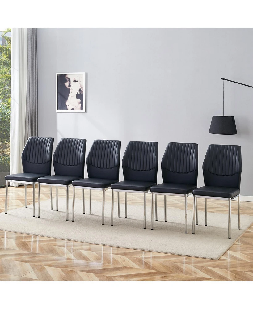 Black Pu Dining Chairs - Set of 6, Silver Legs, Stripe Back