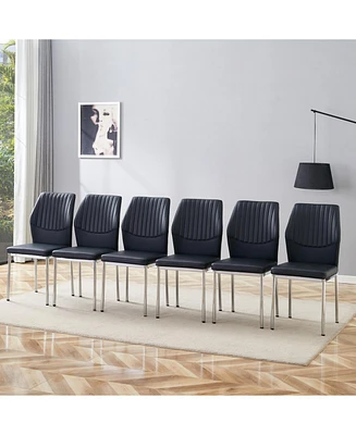 Black Pu Dining Chairs - Set of 6, Silver Legs, Stripe Back