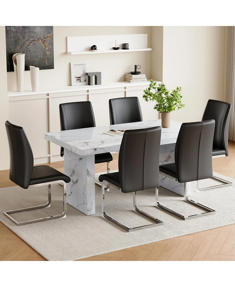 White Marble Table & Black Pu Chairs