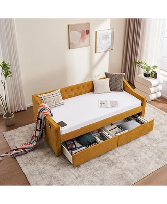 Upholstered Twin Daybed with Storage Drawers, Yellow Velvet